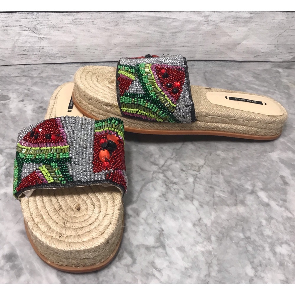 Zara Beaded Watermelon Espadrille Slides US 9
